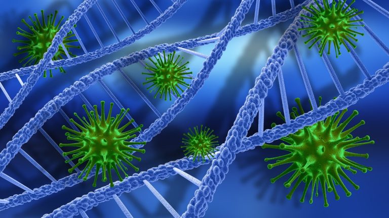 3d render medical background with DNA strands virus cells